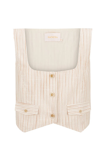 Cream stripped cropped waistcoat with button fastening and two front patch pockets