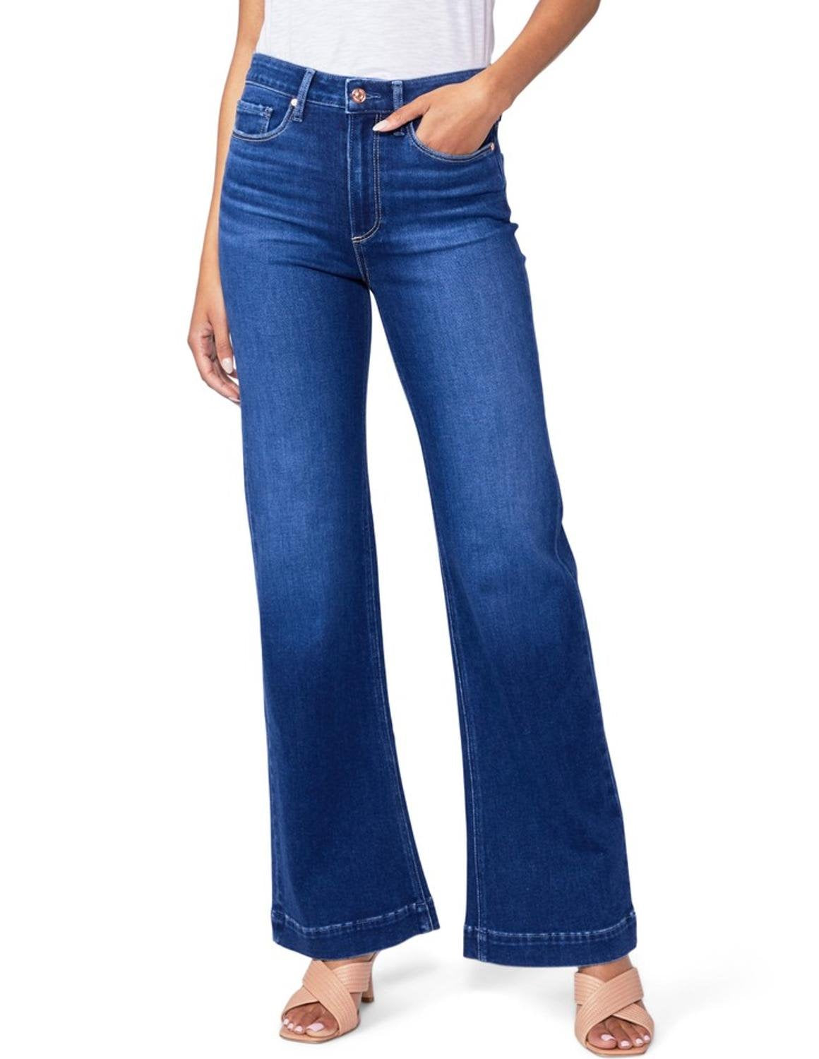 Mid blue wash straight / wide leg 32 inch leg jeans with zip fly and button fastening