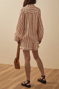 White and brown striped high waisted shorts rear view