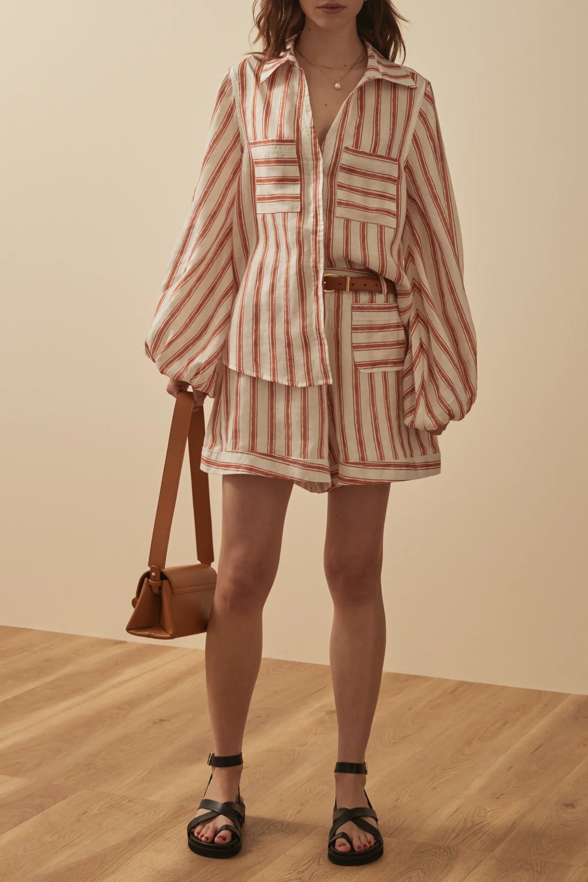  Brown and white striped linen shirt with balloon sleeves
