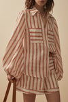  Brown and white striped linen shirt with balloon sleeves
