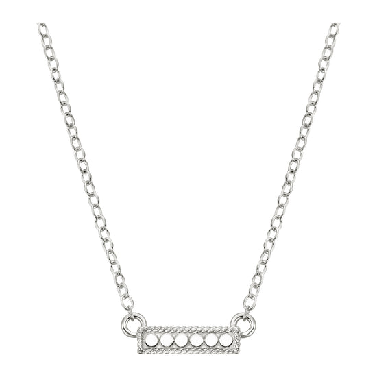 Silver necklace with a bar pendant on a white background