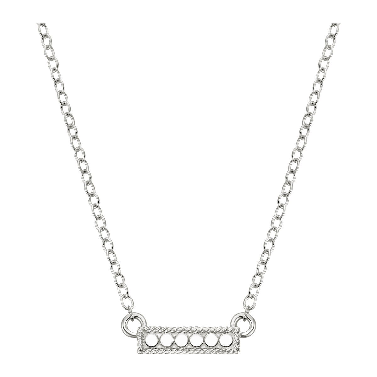 Silver necklace with a bar pendant on a white background