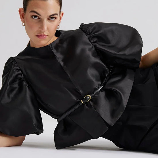 Edge to edge satin jacket in black with puff short sleeves