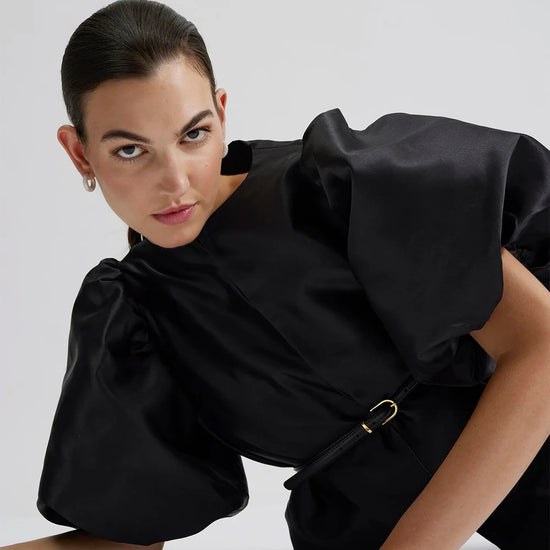 Edge to edge satin jacket in black with puff short sleeves