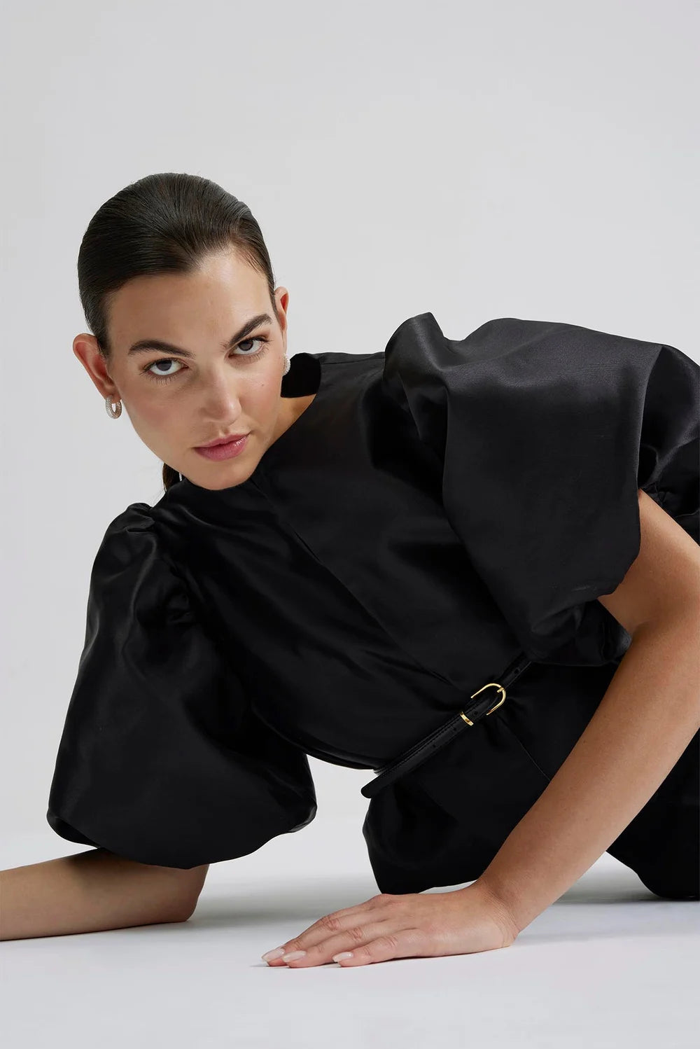 Edge to edge satin jacket in black with puff short sleeves