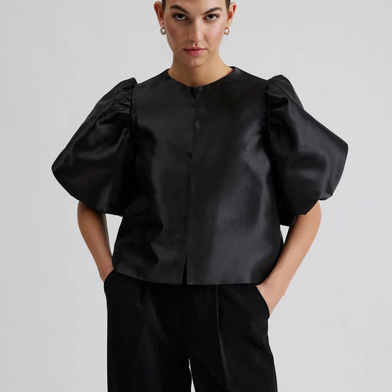 Edge to edge satin jacket in black with puff short sleeves