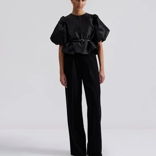 Edge to edge satin jacket in black with puff short sleeves