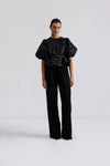 Edge to edge satin jacket in black with puff short sleeves