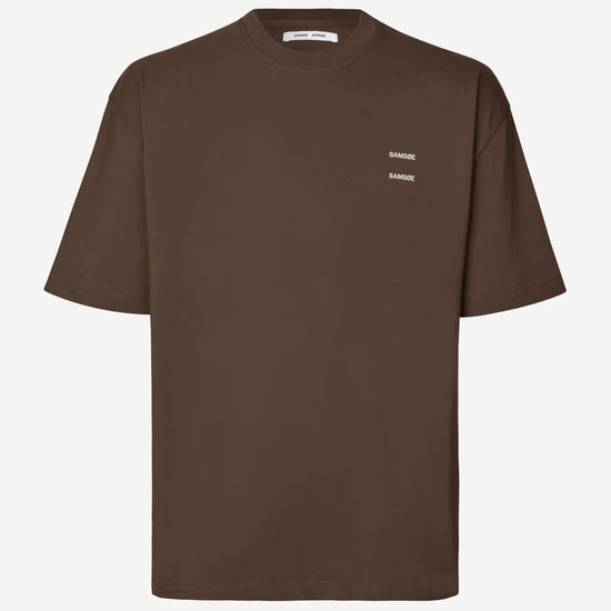 Brown t-shirt with a small white logo by Samsoe Samsoe on a white background