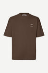 Brown t-shirt with a small white logo by Samsoe Samsoe on a white background