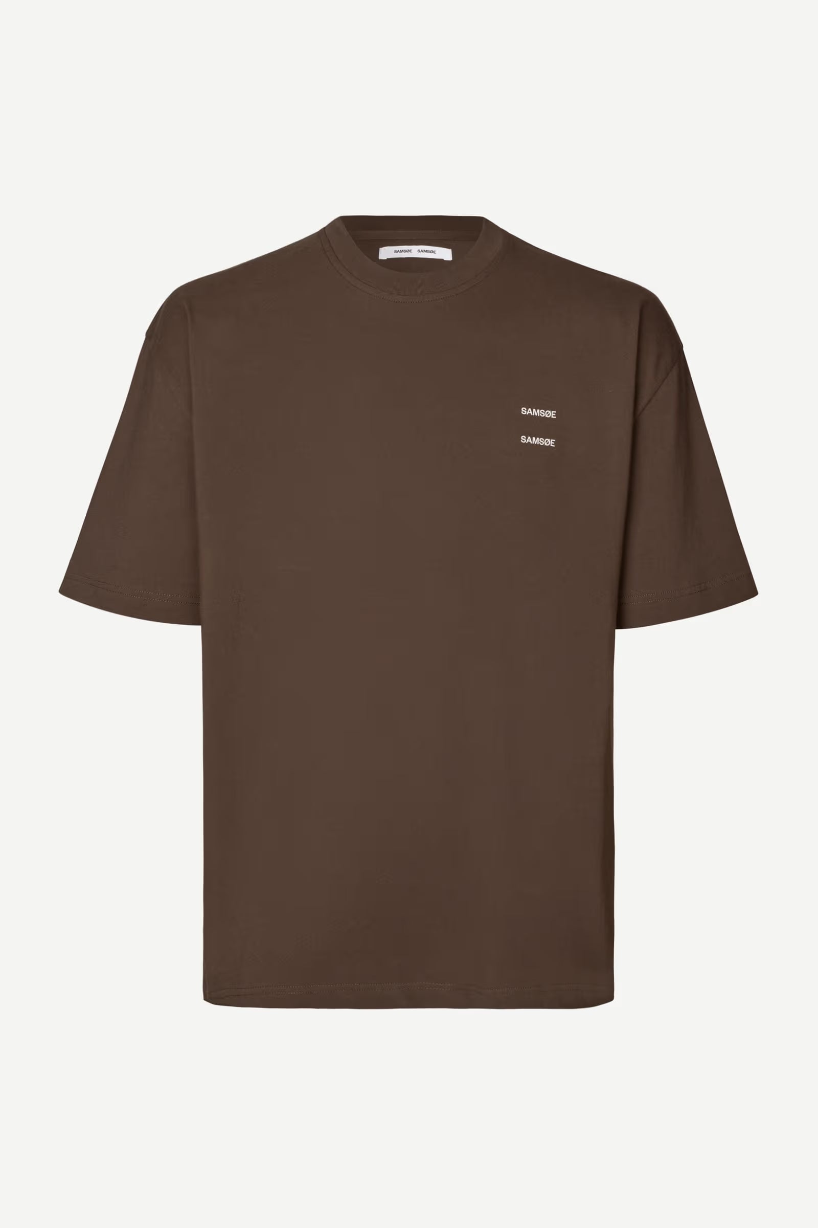 Brown t-shirt with a small white logo by Samsoe Samsoe on a white background