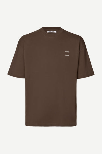 Brown t-shirt with a small white logo by Samsoe Samsoe on a white background