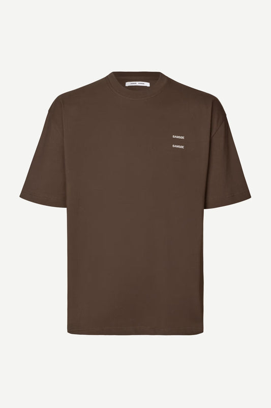 Brown t-shirt with a small white logo by Samsoe Samsoe on a white background