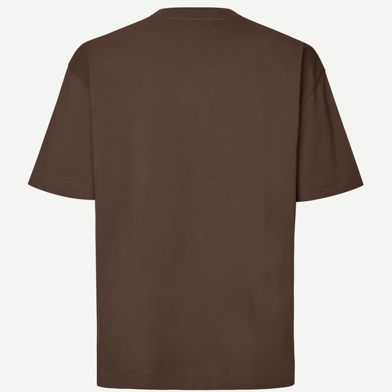 Brown Samsoe Samsoe t-shirt on a white background rear view