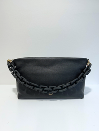 Black shoulder bag with gold hardware and pebbled black leather