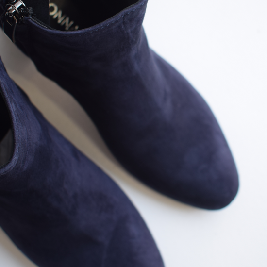 Navy suede block heel boots with side zip