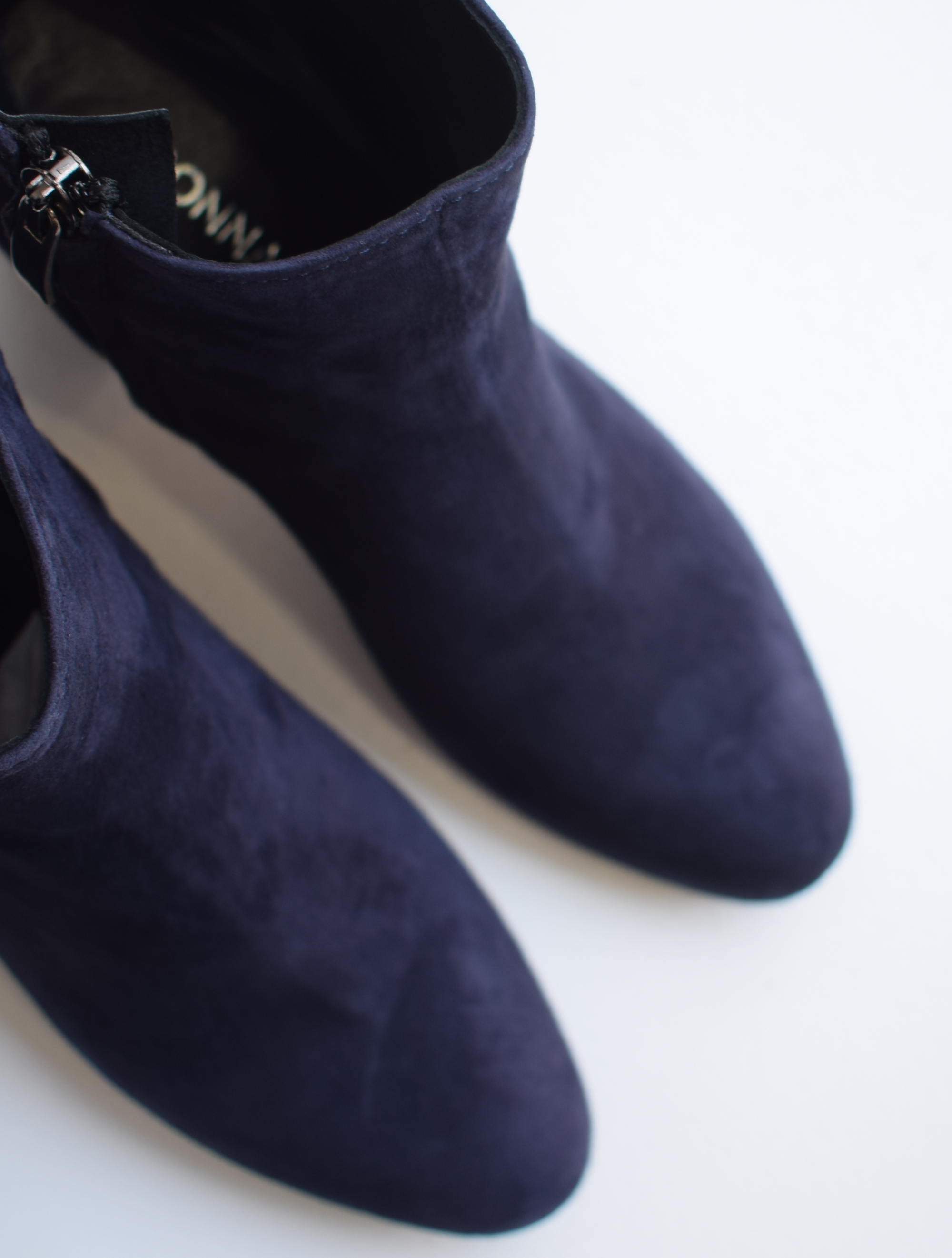 Navy suede block heel boots with side zip