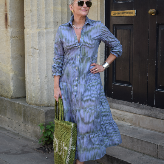 blue dress with green stripe detail 