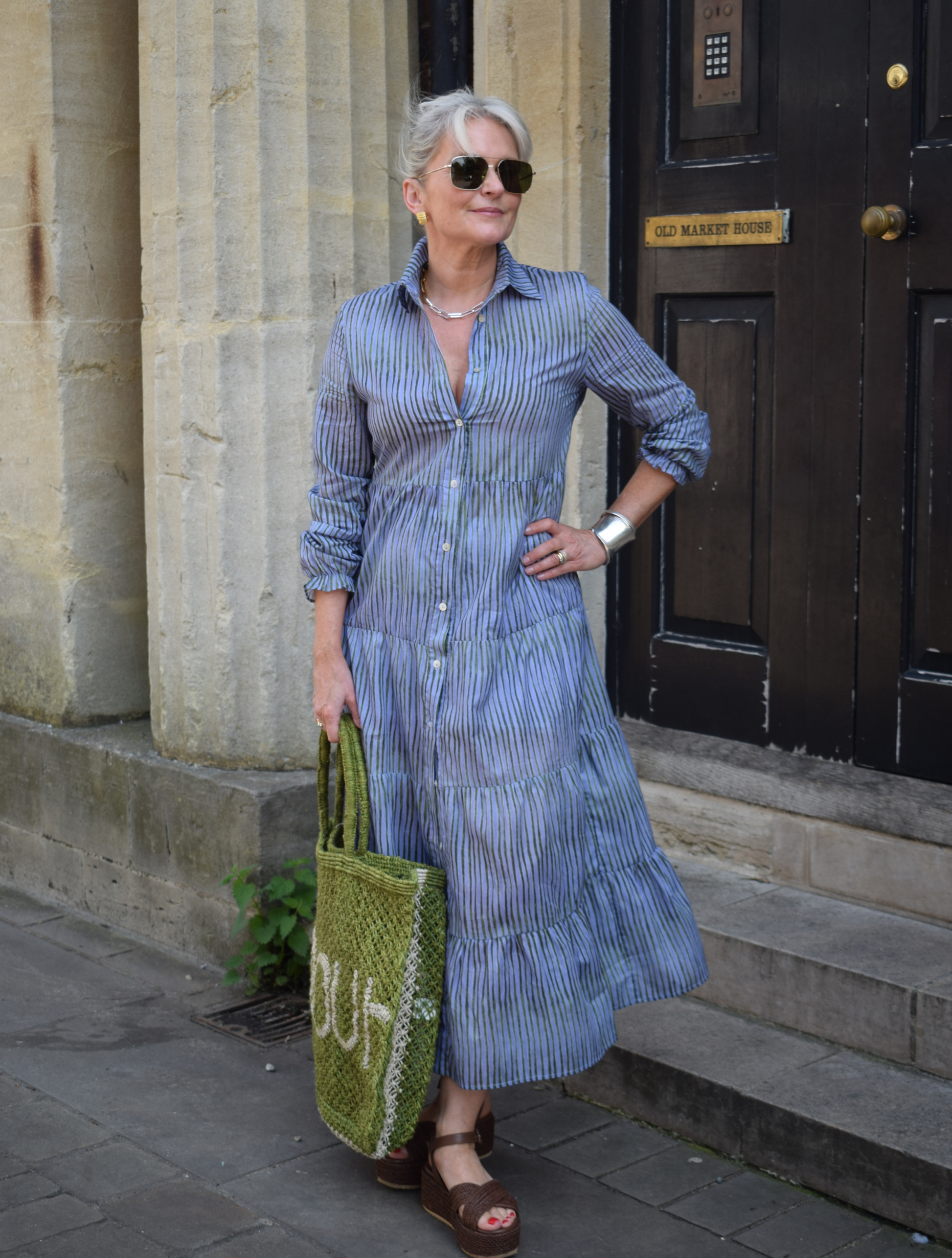 blue dress with green stripe detail 