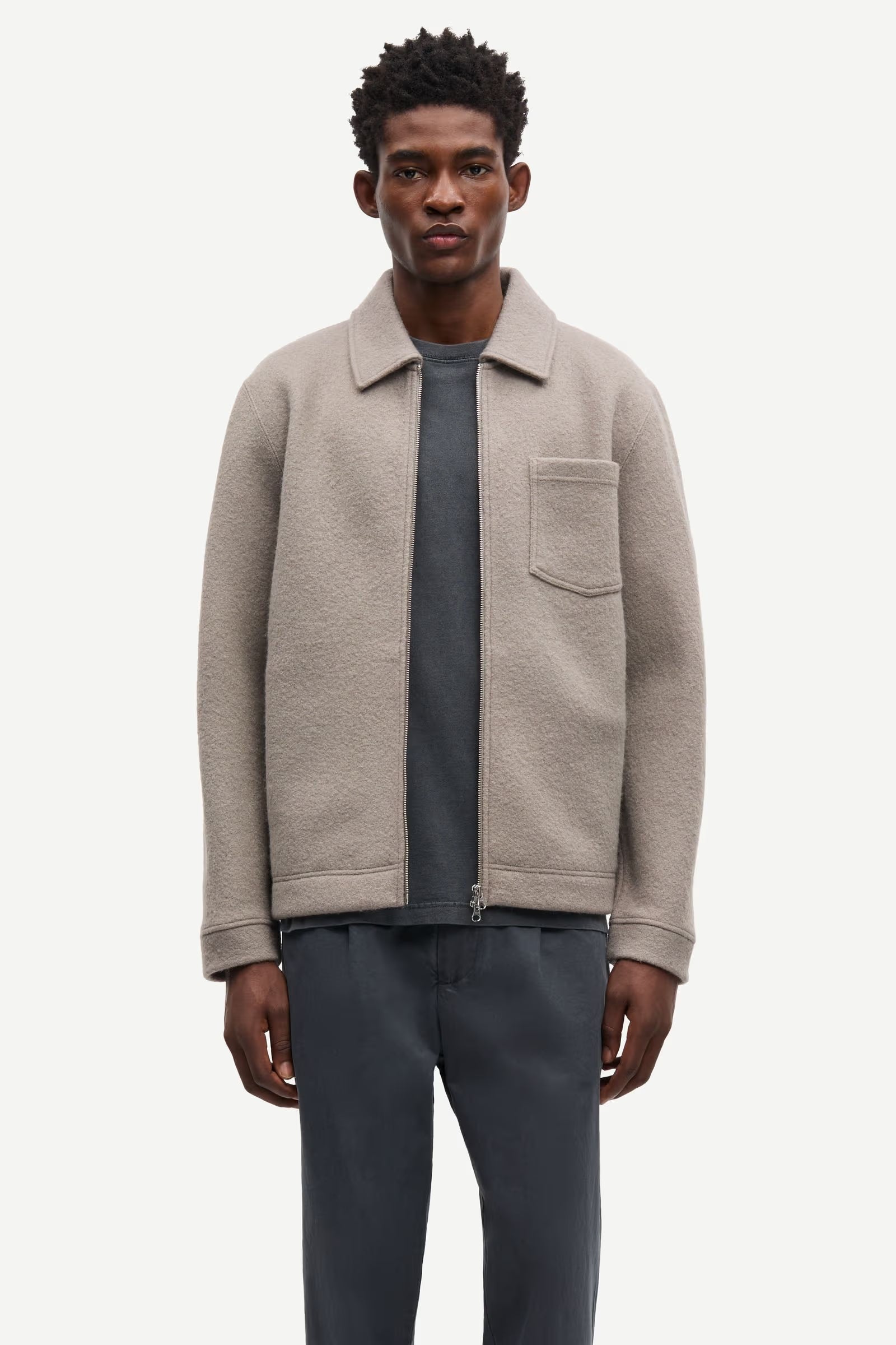 light grey/beige wool mens zip jacket with chest pocket and point collar model shot