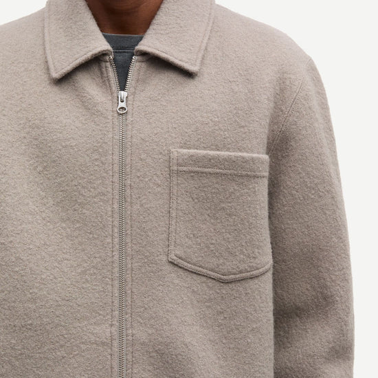 light grey/beige wool mens zip jacket with chest pocket and point collar close up