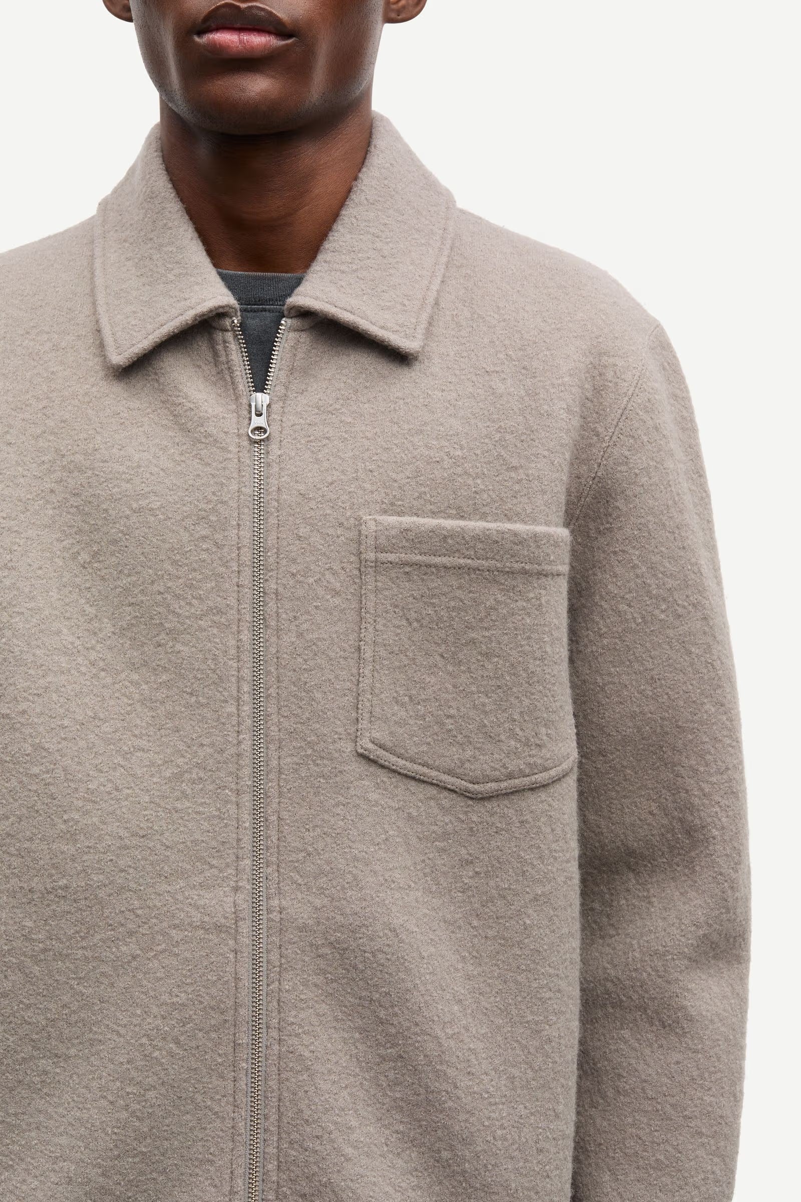 light grey/beige wool mens zip jacket with chest pocket and point collar close up