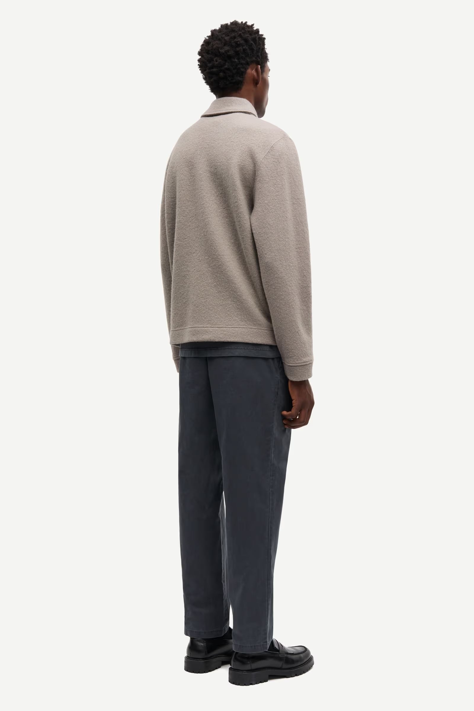 light grey/beige wool mens zip jacket with chest pocket and point collar rear view 