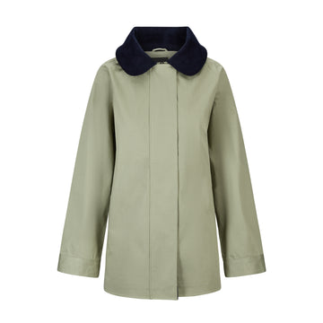 Green jacket with navy collar on white background