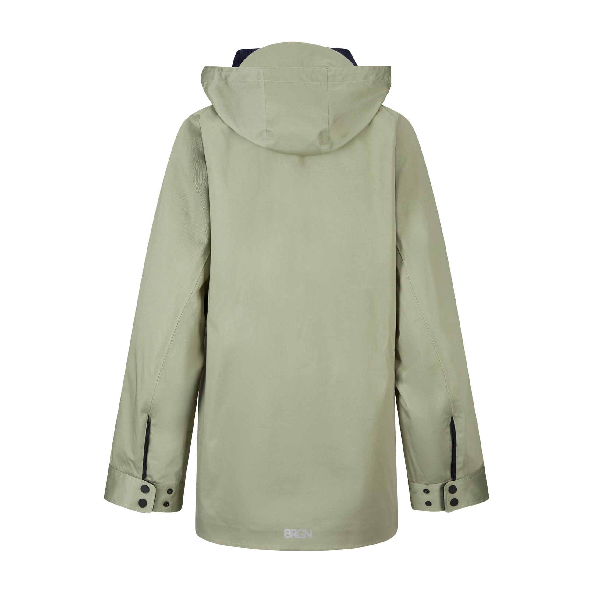 Green jacket with hood from the rear on a white background
