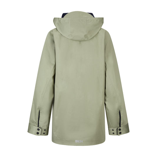 Green jacket with hood from the rear on a white background