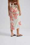 Ecru and red coral print beach wrap with blue border