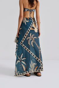 Teal ecru and black oblong beach coverup with palm tree print