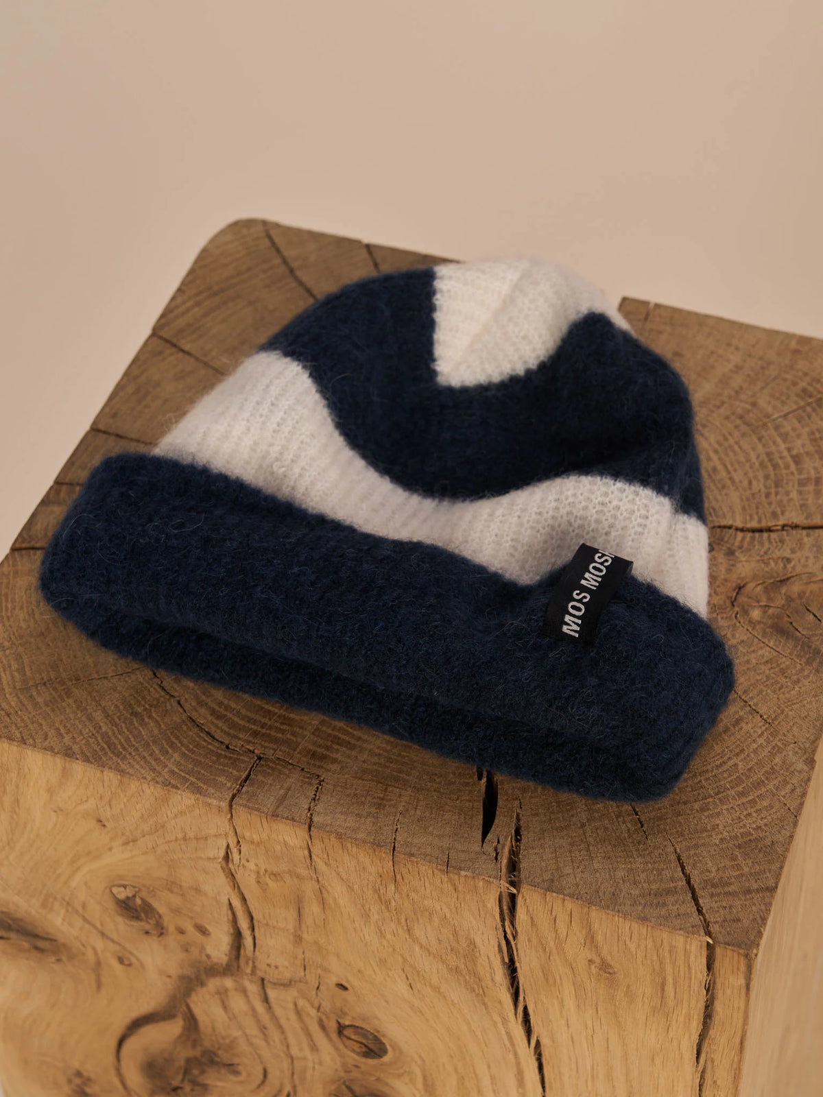 Navy and ecru striped woollen hat with turn up