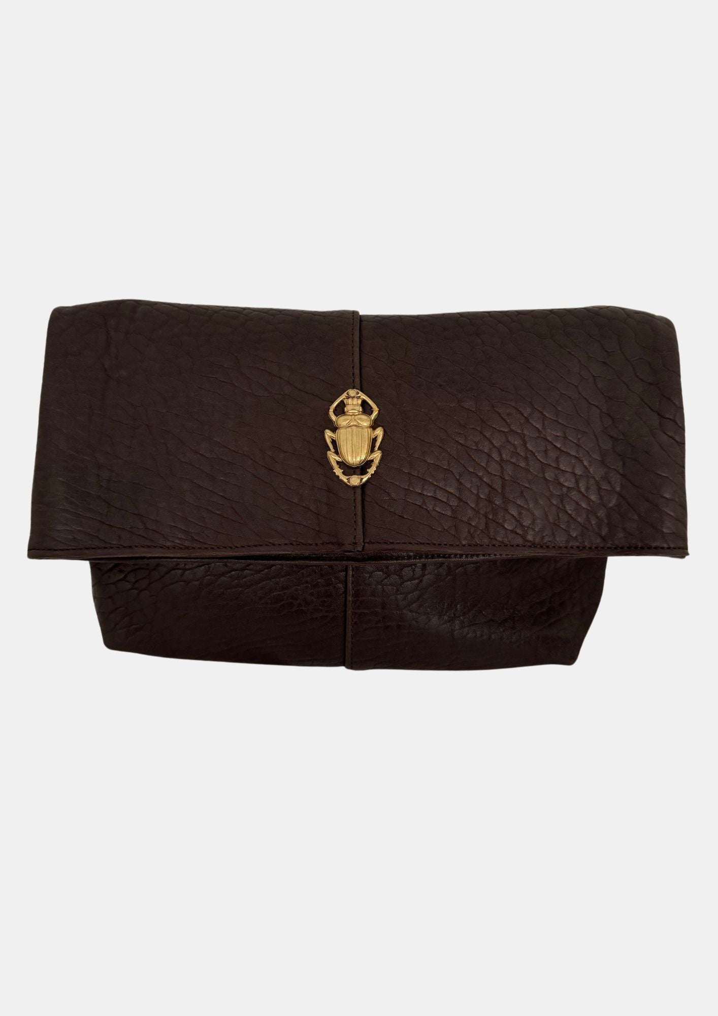 brown lamb leather fold over bag with adjustable strap and gold scarab detail