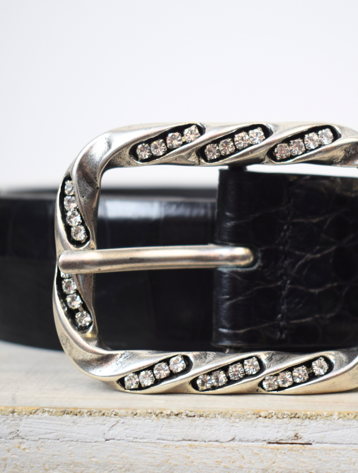 Wide mock croc black leather belt with large silver metallic and bejewelled oblong buckle