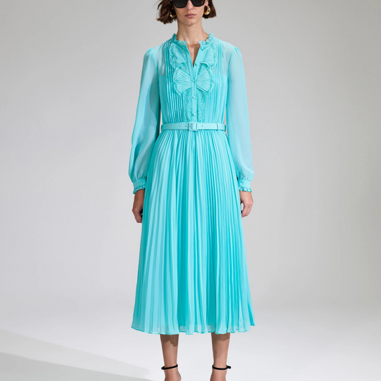 Aqua midi dress with matching fabric belt pleated skirt and long sheer sleeves with fan like details on the placket