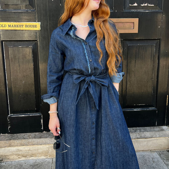 denim frayed edge dress with button front 