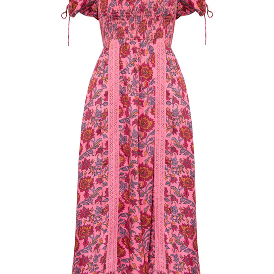 Pink midi dress with all over floral pattern square neckline and puff sleeves with elasticated cuffs and drawstring details