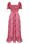 Pink midi dress with all over floral pattern square neckline and puff sleeves with elasticated cuffs and drawstring details