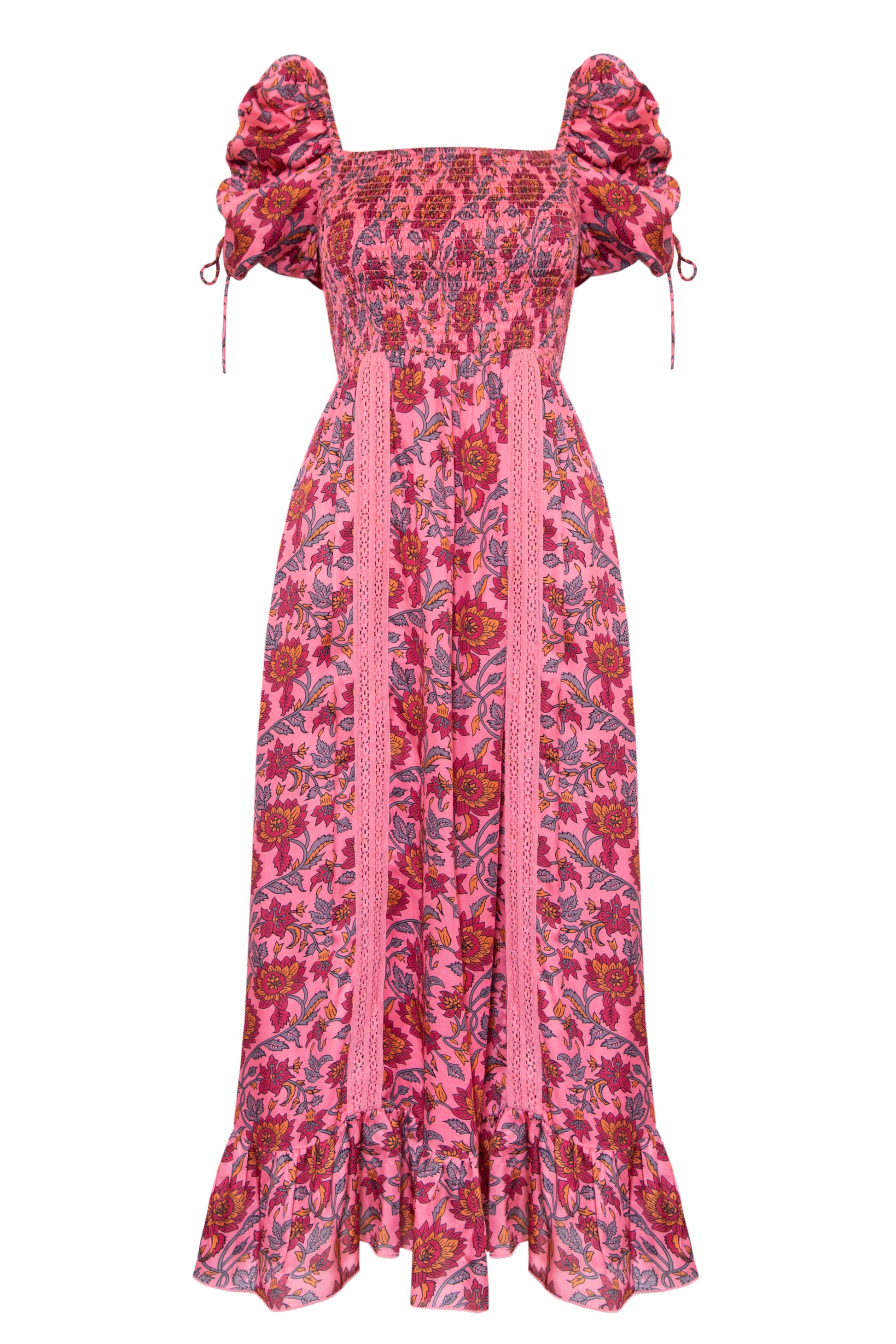 Pink midi dress with all over floral pattern square neckline and puff sleeves with elasticated cuffs and drawstring details