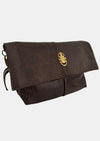 brown lamb leather fold over bag with adjustable strap and gold scarab detail side view 