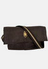 brown lamb leather fold over bag with adjustable strap and gold scarab detail with strap