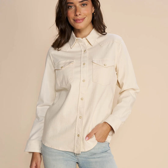 Ecru heavy weight shirt with two front patch pockets and popper stud fastenings