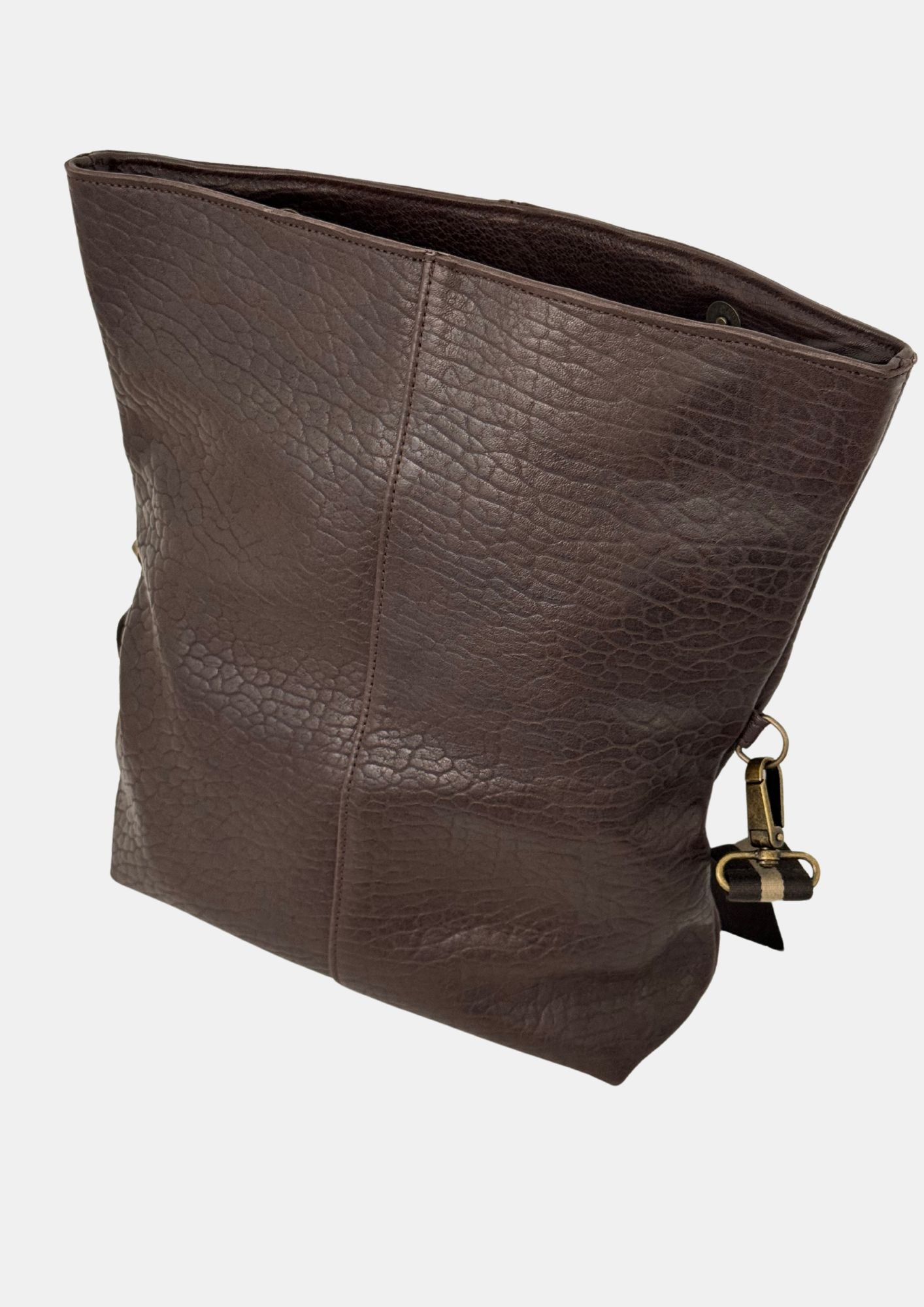 brown lamb leather fold over bag with adjustable strap and gold scarab detail 