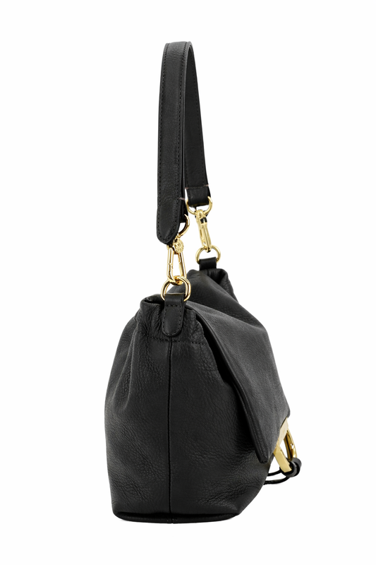 Black leather handbag with gold accents on a white background
