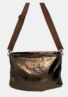 metallic rectangular bag with woven strap and brass detailing