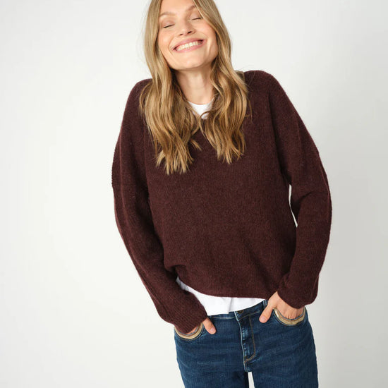 deep bordeaux v neck jumper from mos mosh model shot