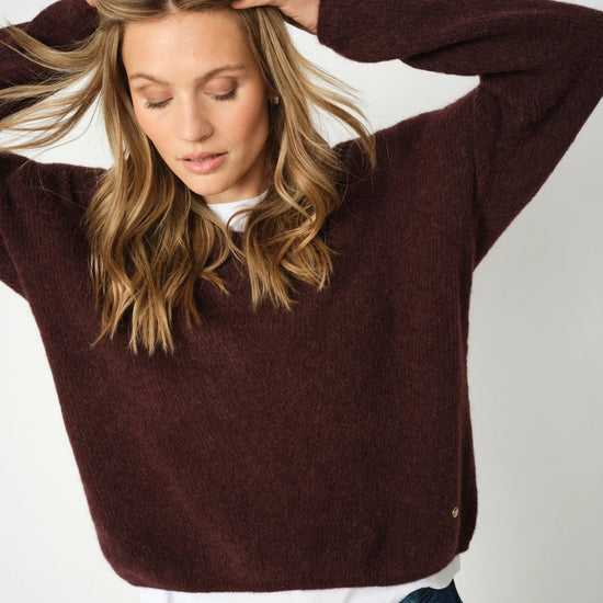 deep bordeaux v neck jumper from mos mosh model shot