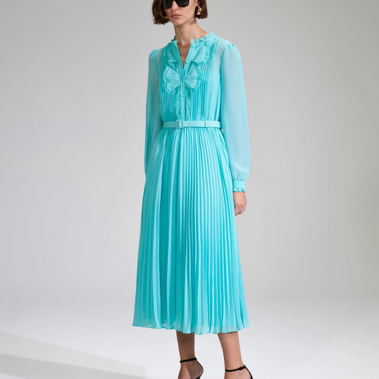 Aqua midi dress with matching fabric belt pleated skirt and long sheer sleeves with fan like details on the placket